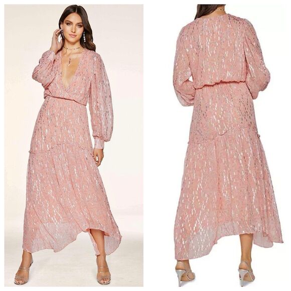 Ramy Brook Dresses & Skirts - Ramy Brook Ora Metallic Print Maxi Dress Sz SP Pink Long Sleeve Crossover V-Neck